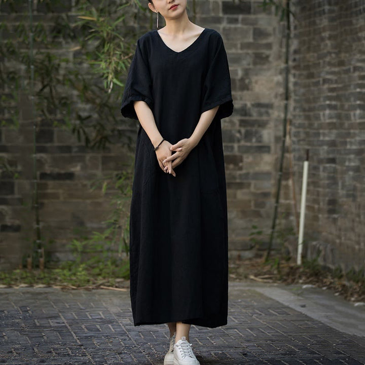 Buddha Stones Solid Color V-Neck Half Sleeve Ramie Linen Midi Dress With Pockets - image 18