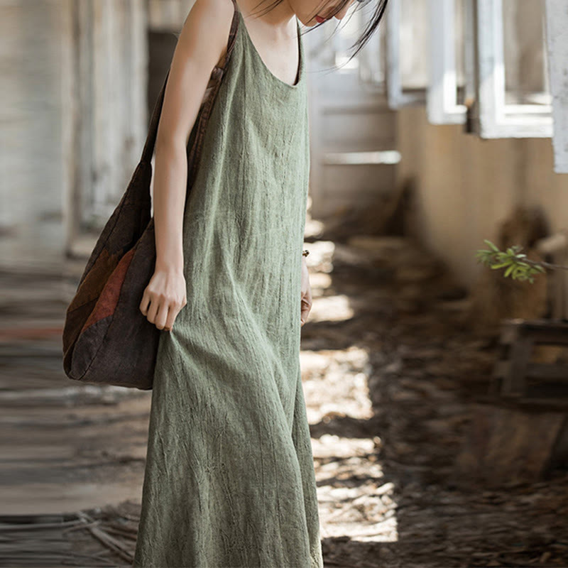 Buddha Stones Summer Spaghetti Strap Handmade Tie Dye Linen Midi Cami Dress - image 10