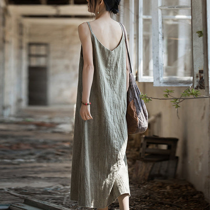 Buddha Stones Summer Spaghetti Strap Handmade Tie Dye Linen Midi Cami Dress - image 19