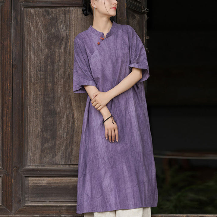 Buddha Stones Handmade Tie Dye Ramie Linen Midi Dress Wide Leg Pants With Pockets - Purple Dress(Dress Only) - US4-6，UK/AU8-10，EU36-38 (F) - image 1
