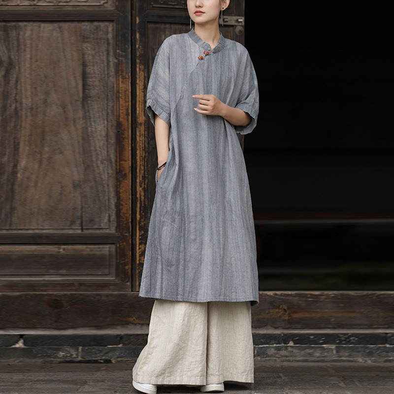 Buddha Stones Handmade Tie Dye Ramie Linen Midi Dress Wide Leg Pants With Pockets