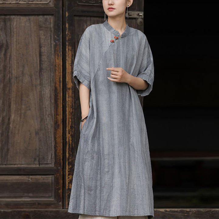 Buddha Stones Handmade Tie Dye Ramie Linen Midi Dress Wide Leg Pants With Pockets - Gray Dress(Dress Only) - US4-6，UK/AU8-10，EU36-38 (F) - image 14