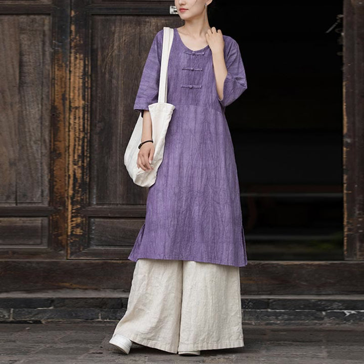 Buddha Stones Handmade Tie Dye Ramie Linen Frog-Button Midi Dress Wide Leg Pants With Pockets