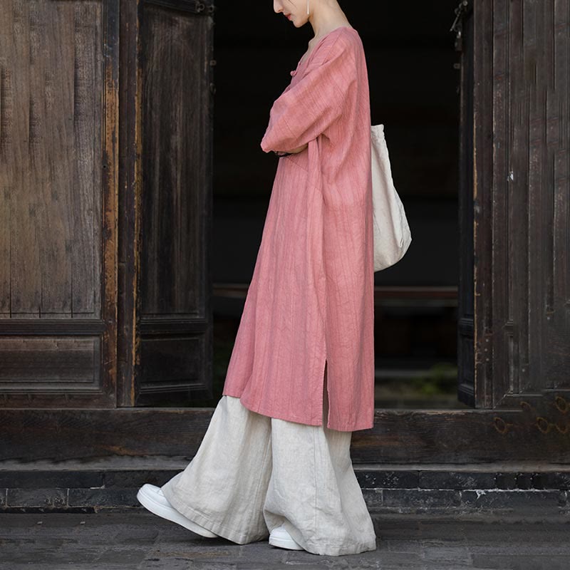 Buddha Stones Handmade Tie Dye Ramie Linen Frog-Button Midi Dress Wide Leg Pants With Pockets