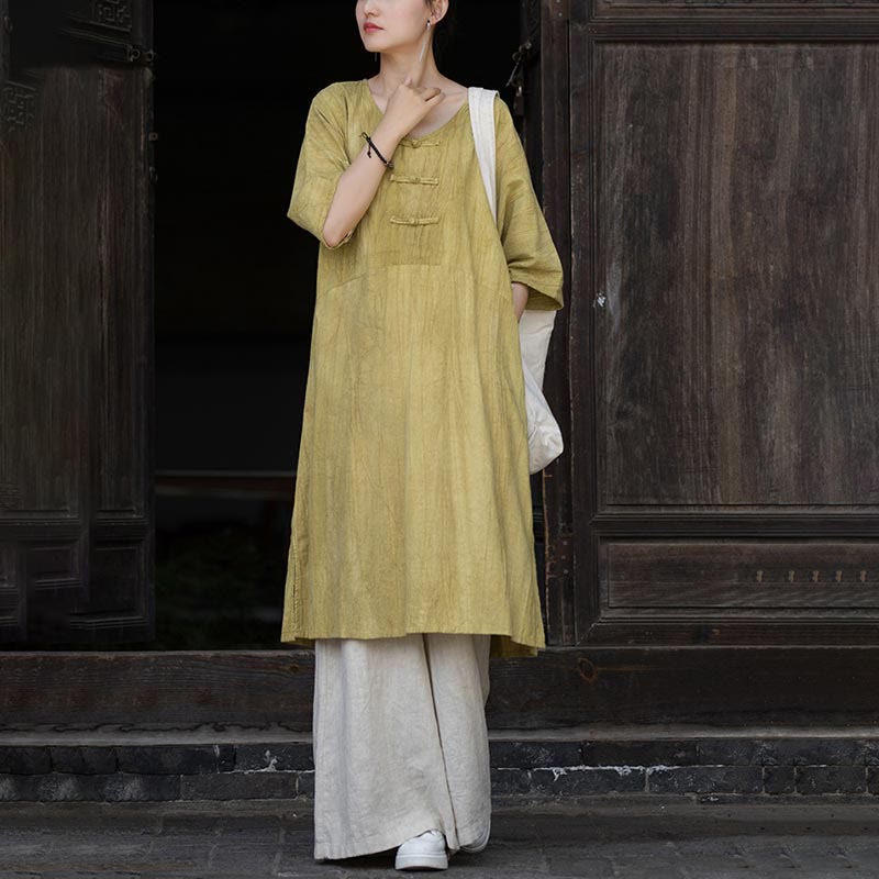 Buddha Stones Handmade Tie Dye Ramie Linen Frog-Button Midi Dress Wide Leg Pants With Pockets