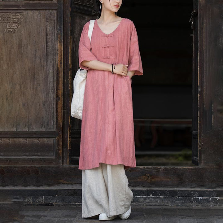 Buddha Stones Handmade Tie Dye Ramie Linen Frog-Button Midi Dress Wide Leg Pants With Pockets