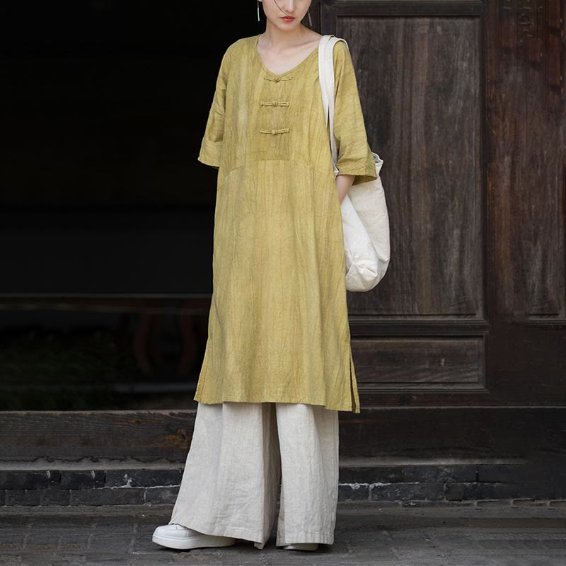 Buddha Stones Handmade Tie Dye Ramie Linen Frog-Button Midi Dress Wide Leg Pants With Pockets