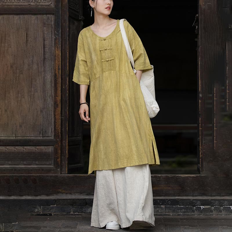 Buddha Stones Handmade Tie Dye Ramie Linen Frog-Button Midi Dress Wide Leg Pants With Pockets