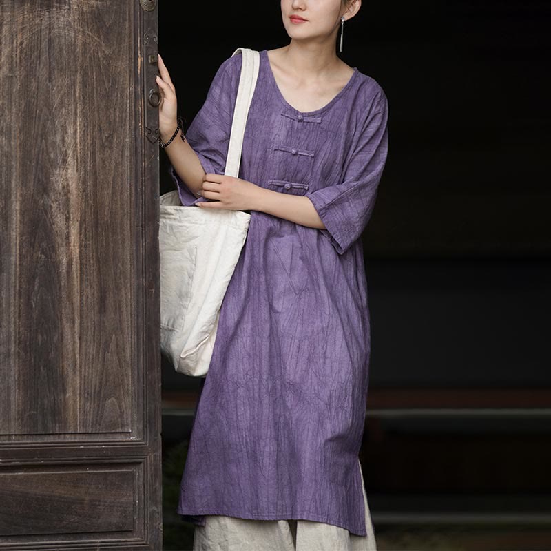 Buddha Stones Handmade Tie Dye Ramie Linen Frog-Button Midi Dress Wide Leg Pants With Pockets - image 7