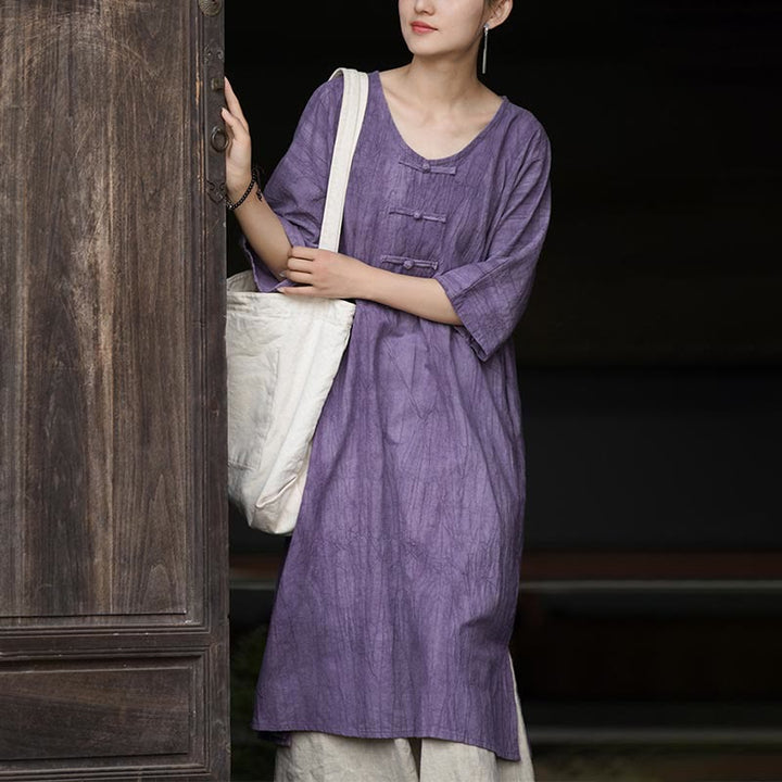 Buddha Stones Handmade Tie Dye Ramie Linen Frog-Button Midi Dress Wide Leg Pants With Pockets - image 7
