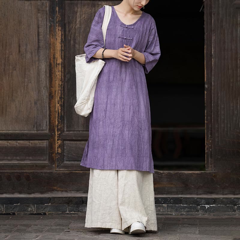 Buddha Stones Handmade Tie Dye Ramie Linen Frog-Button Midi Dress Wide Leg Pants With Pockets