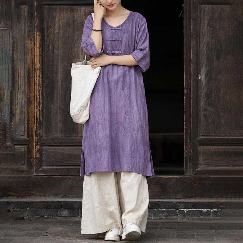 Buddha Stones Handmade Tie Dye Ramie Linen Frog-Button Midi Dress Wide Leg Pants With Pockets