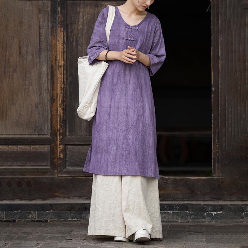 Buddha Stones Handmade Tie Dye Ramie Linen Frog-Button Midi Dress Wide Leg Pants With Pockets - image 2