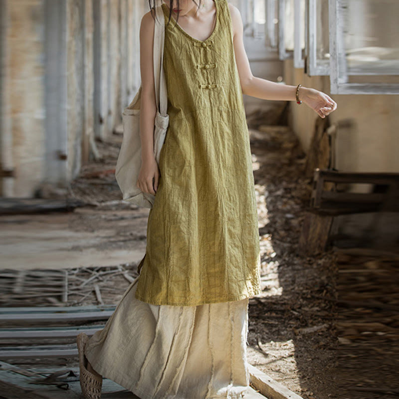 Buddha Stones Frog-Button Ramie Linen Women's Sleeveless Knee Length Dress With Pockets - Yellow Dress&Beige Pants - US4-8/10，UK/AU8-12/14，EU36-40/42 (F) - image 0
