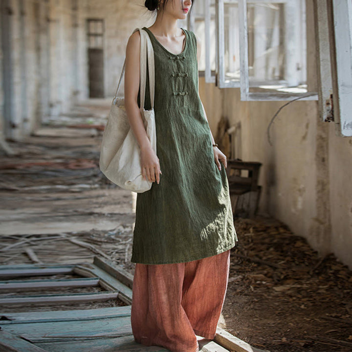 Buddha Stones Frog-Button Sleeveless Cami Midi Dress Ramie Linen Wide Leg Pants With Pockets