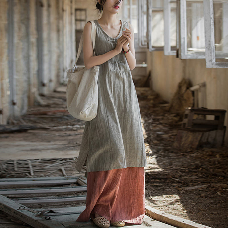 Buddha Stones Frog-Button Ramie Linen Women's Sleeveless Knee Length Dress With Pockets - Linen Dress&Red Pants - US4-8/10，UK/AU8-12/14，EU36-40/42 (F) - image 11