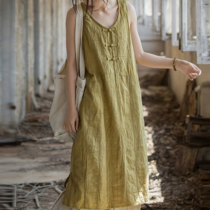 Buddha Stones Frog-Button Sleeveless Cami Midi Dress Ramie Linen Wide Leg Pants With Pockets - Yellow Dress(Dress Only) - US4-8/10，UK/AU8-12/14，EU36-40/42 (F) - image 7