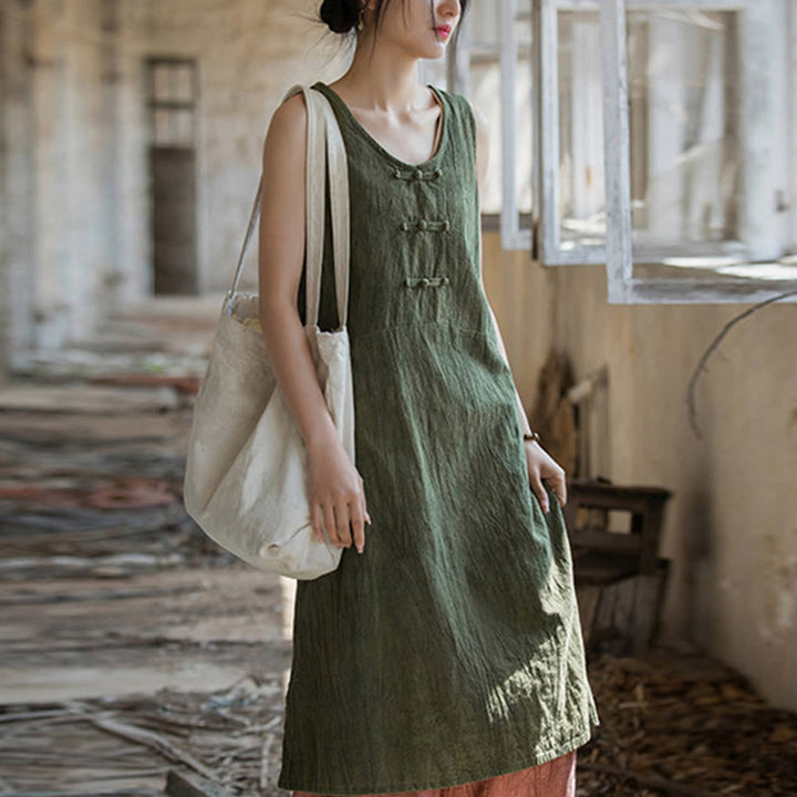 Buddha Stones Frog-Button Sleeveless Cami Midi Dress Ramie Linen Wide Leg Pants With Pockets