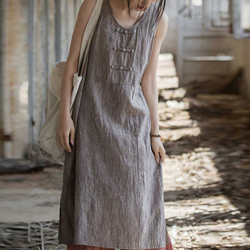 Buddha Stones Frog-Button Ramie Linen Women's Sleeveless Knee Length Dress With Pockets - Thistle Dress(Dress Only) - US4-8/10，UK/AU8-12/14，EU36-40/42 (F) - image 31