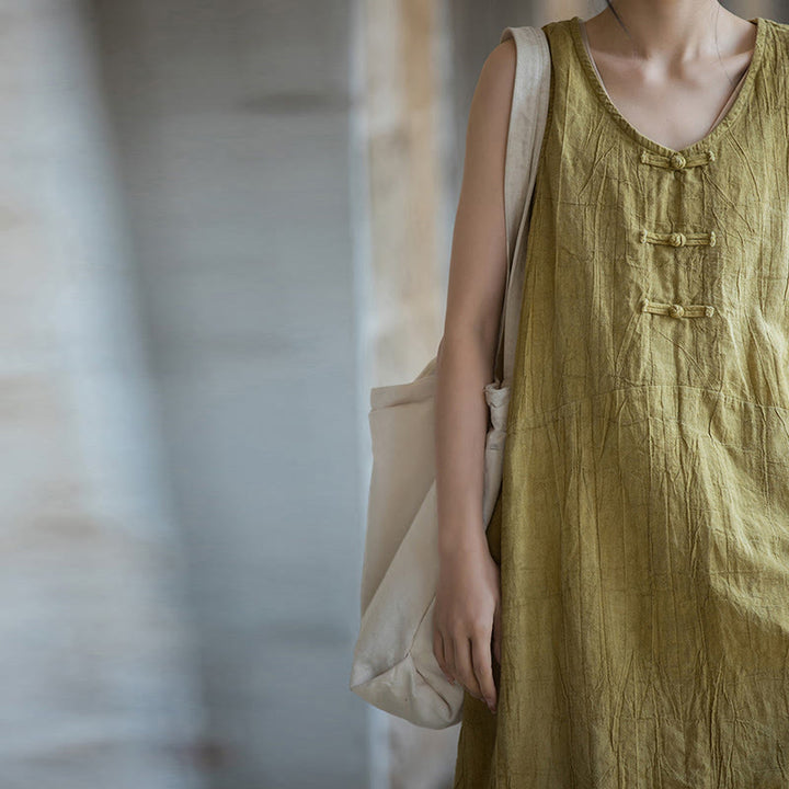 Buddha Stones Frog-Button Ramie Linen Women's Sleeveless Knee Length Dress With Pockets - image 8