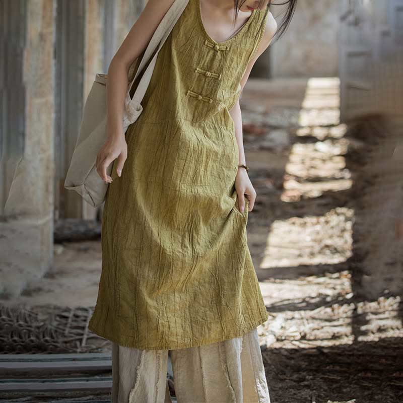 Buddha Stones Frog-Button Ramie Linen Women's Sleeveless Knee Length Dress With Pockets - image 5