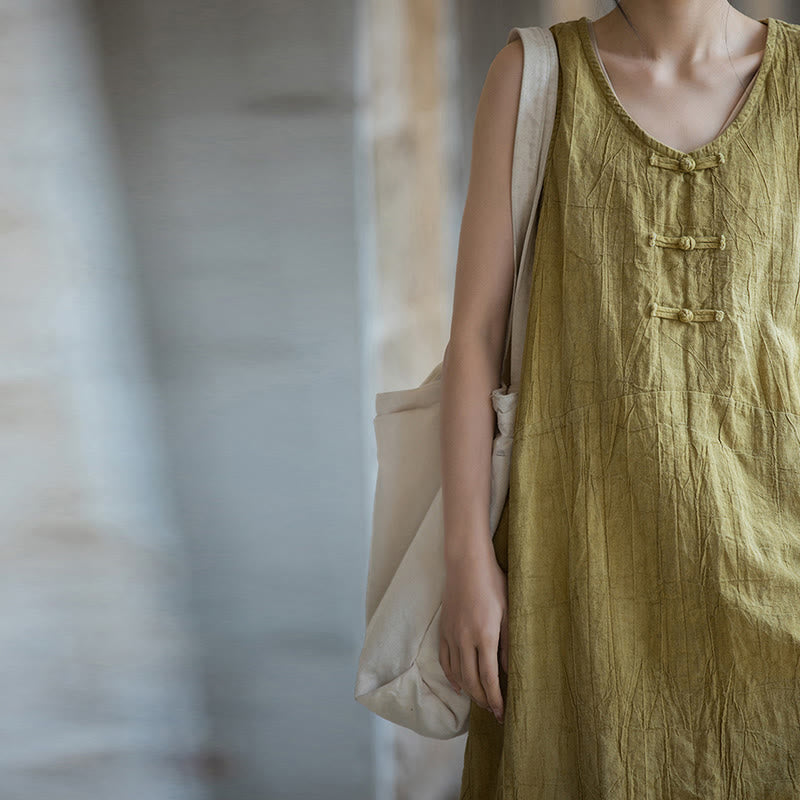 Buddha Stones Frog-Button Sleeveless Cami Midi Dress Ramie Linen Wide Leg Pants With Pockets - image 8