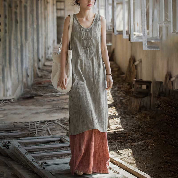Buddha Stones Frog-Button Ramie Linen Women's Sleeveless Knee Length Dress With Pockets - image 12
