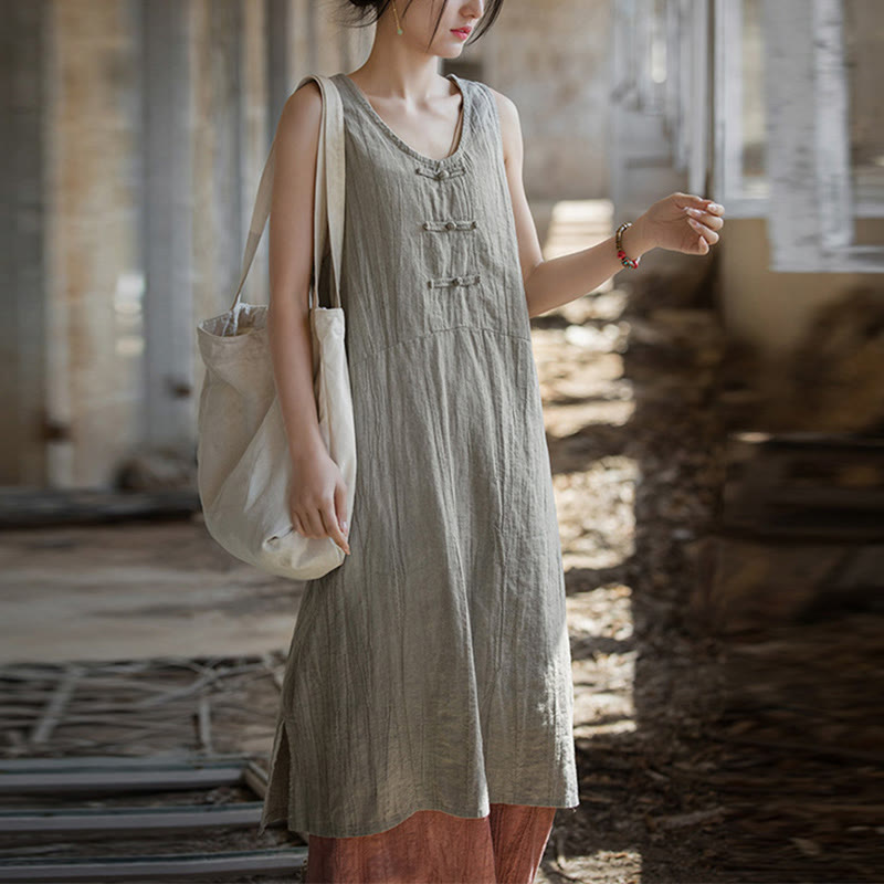Buddha Stones Frog-Button Sleeveless Cami Midi Dress Ramie Linen Wide Leg Pants With Pockets - image 15
