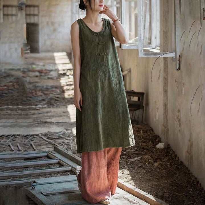 Buddha Stones Frog-Button Sleeveless Cami Midi Dress Ramie Linen Wide Leg Pants With Pockets