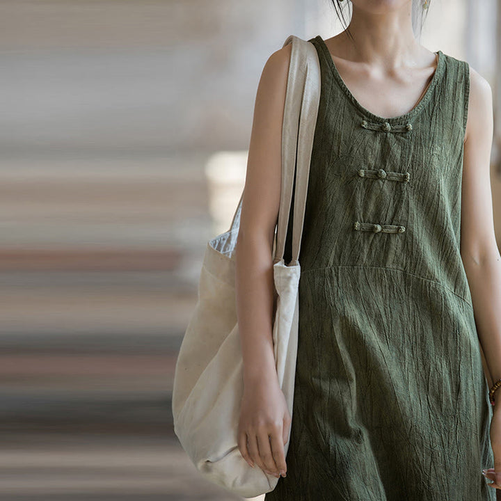 Buddha Stones Frog-Button Sleeveless Cami Midi Dress Ramie Linen Wide Leg Pants With Pockets - image 25