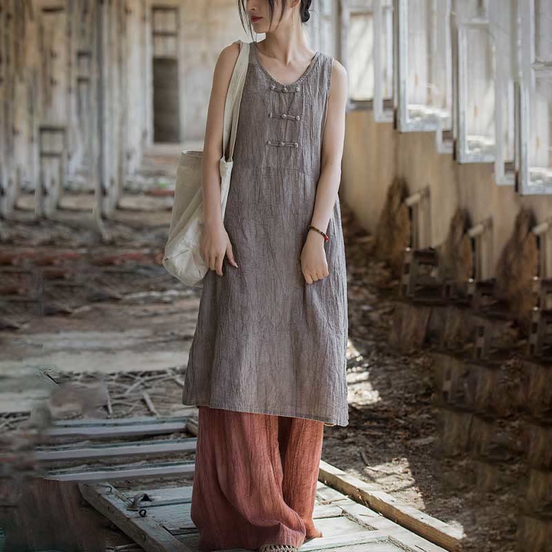 Buddha Stones Frog-Button Sleeveless Cami Midi Dress Ramie Linen Wide Leg Pants With Pockets - image 27