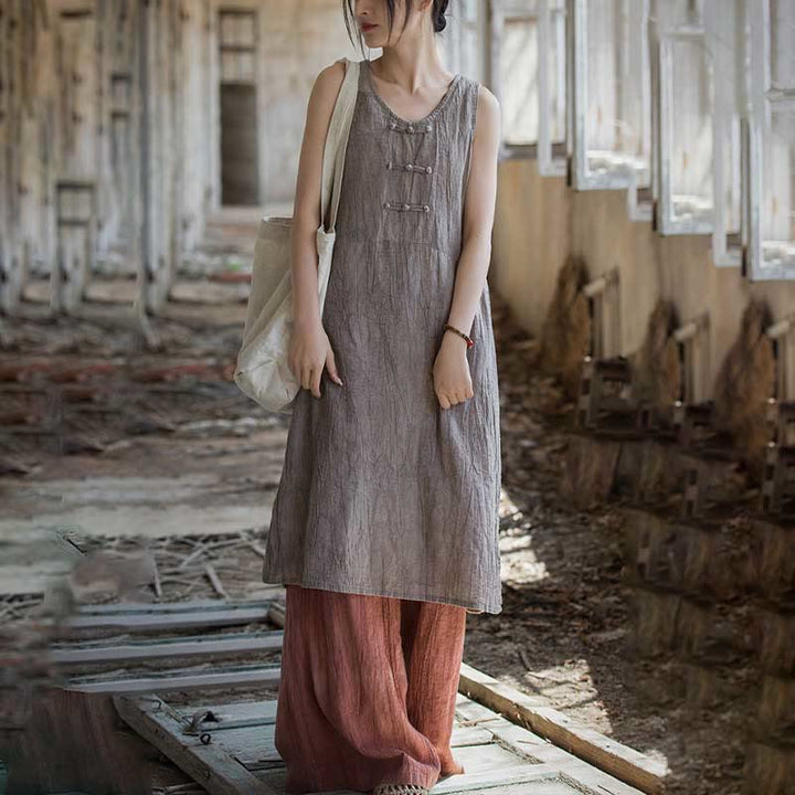 Buddha Stones Frog-Button Sleeveless Cami Midi Dress Ramie Linen Wide Leg Pants With Pockets - image 27
