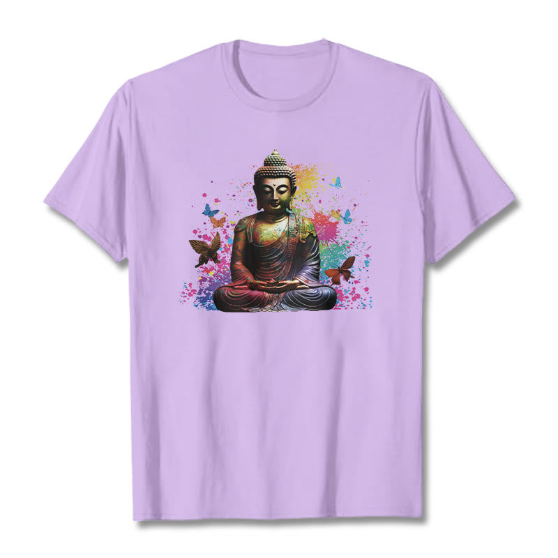 Buddha Stones Colorful Butterfly Flying Meditation Buddha Tee T-shirt