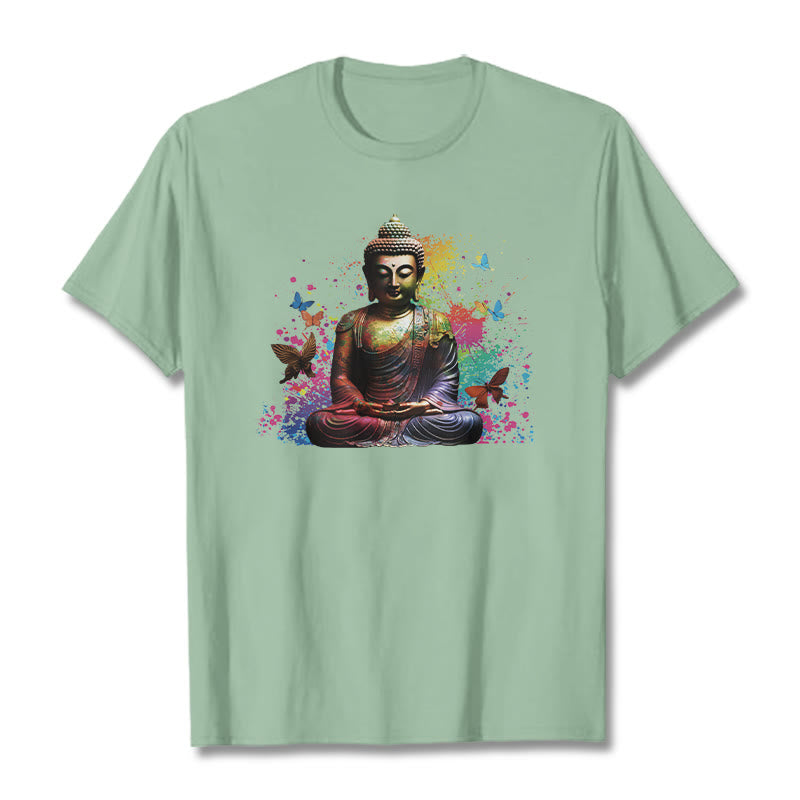 Buddha Stones Colorful Butterfly Flying Meditation Buddha Tee T-shirt