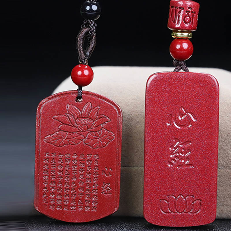 Buddha Stones Cinnabar Lotus Heart Sutra Engraved Blessing Rope Necklace Pendant