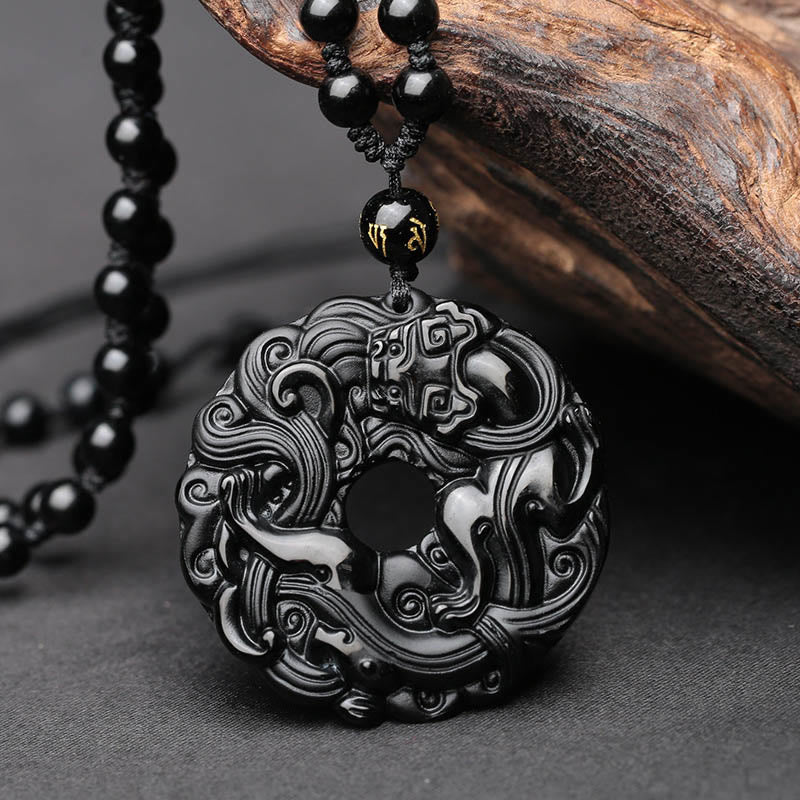 Buddha Stones Natural Black Obsidian Peace Buckle Pixiu Purification Necklace Pendant