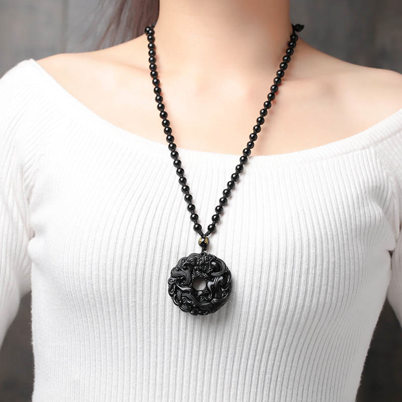 Buddha Stones Natural Black Obsidian Peace Buckle Pixiu Purification Necklace Pendant