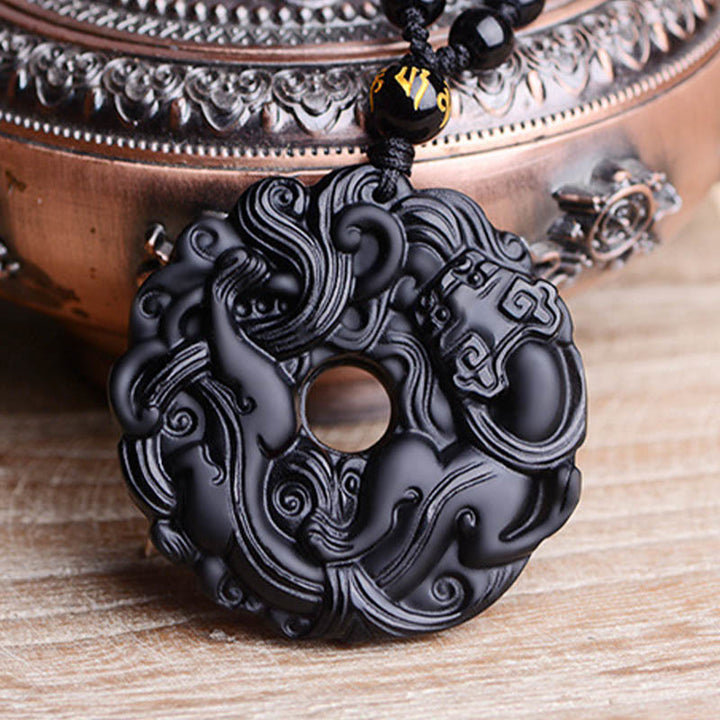 Buddha Stones Natural Black Obsidian Peace Buckle Pixiu Purification Necklace Pendant