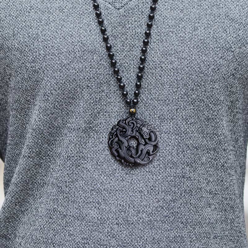 Buddha Stones Natural Black Obsidian Peace Buckle Pixiu Purification Necklace Pendant