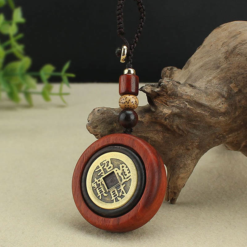 Buddha Stones Copper Coin Attract Wealth Ebony Wood Red Sandalwood Luck Key Chain Decoration