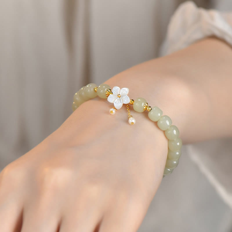 Buddha Stones 925 Sterling Silver Natural Hetian Jade Luck Flower Bracelet