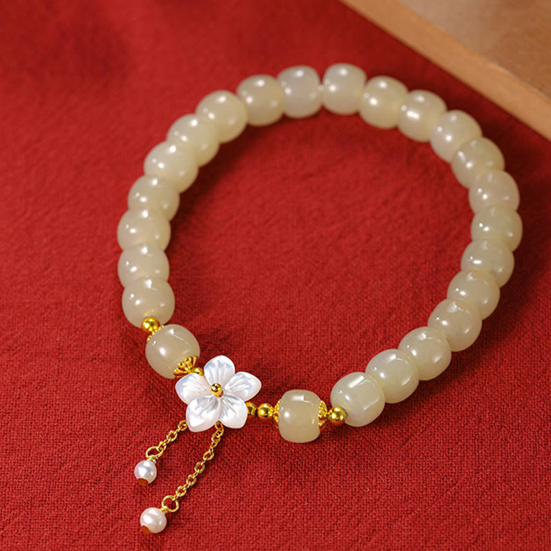 Buddha Stones 925 Sterling Silver Natural Hetian Jade Luck Flower Bracelet - image 2