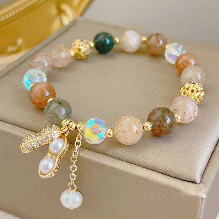 Buddha Stones Sun Stone Colorful Rutilated Quartz Wealth Peanut Charm Bracelet