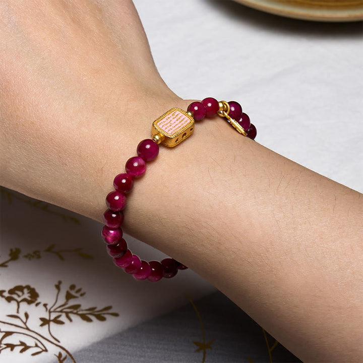 Buddha Stones Rose Red Tiger Eye Fu Character Courage Bracelet