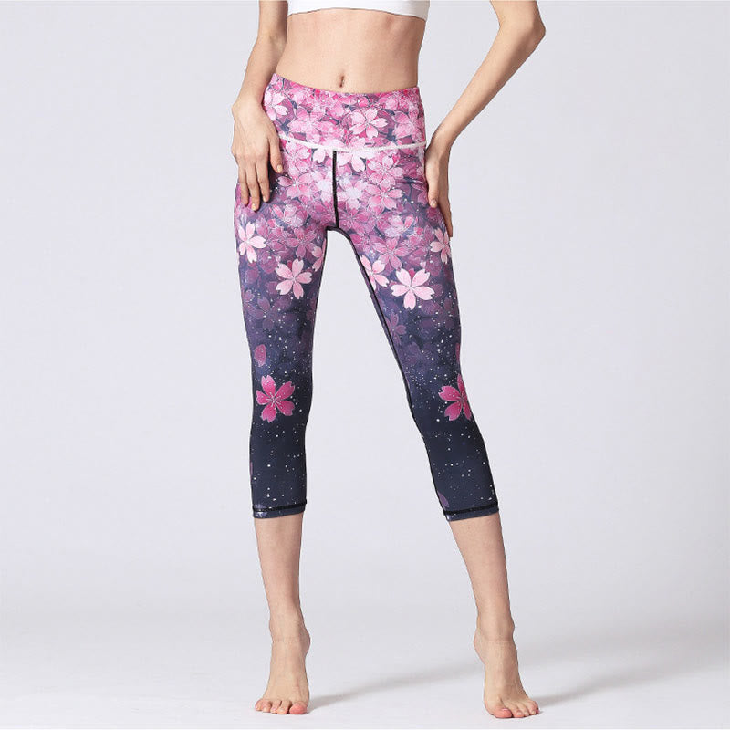 Buddha Stones Cherry Blossoms Sakura Lines Print Sports Yoga Cropped Leggings Women's Yoga Capri Pants - image 1
