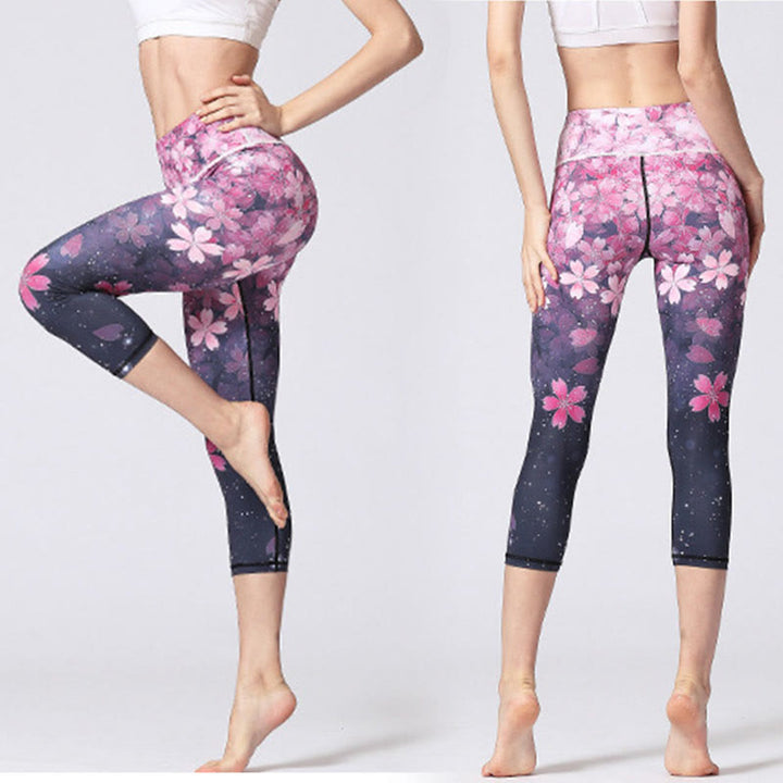 Buddha Stones Cherry Blossoms Sakura Lines Print Sports Yoga Cropped Leggings Women's Yoga Capri Pants - image 4