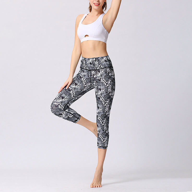 Buddha Stones Leaves Butterfly Print Sports Yoga Cropped Leggings Women's Yoga Capri Pants