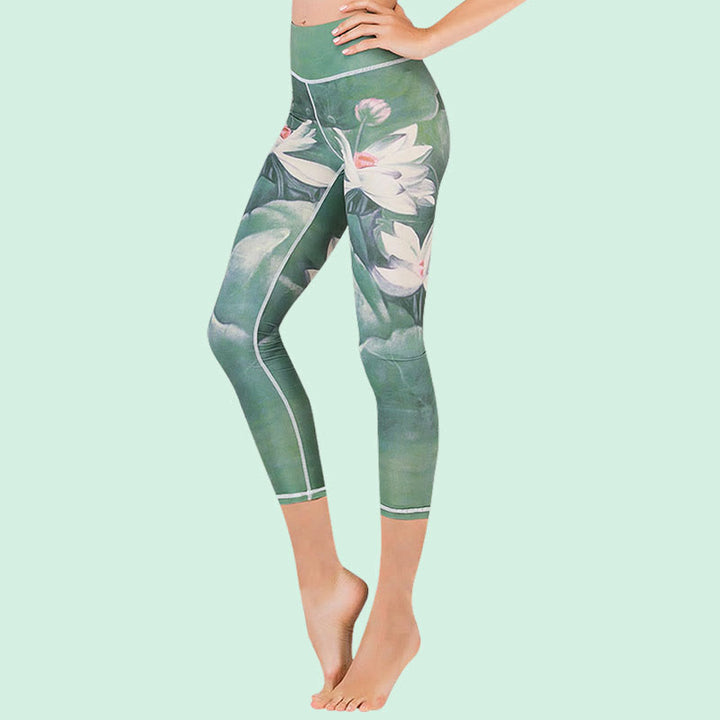 Buddha Stones Lotus Cherry Blossom Gradient Peacock Print Lycra Fabric Sports Cropped Leggings Women's Yoga Capri Pants