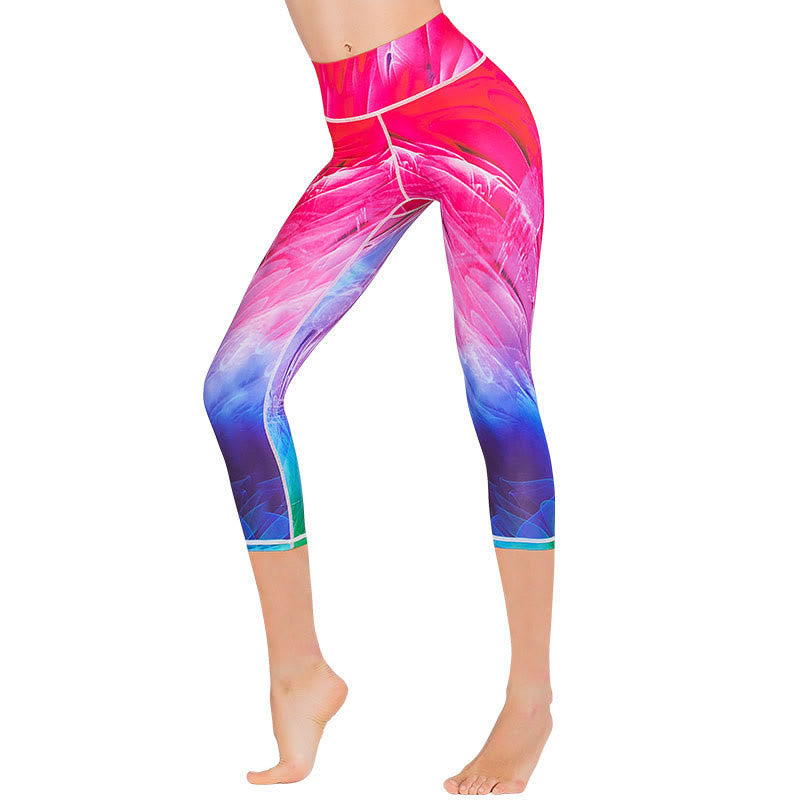 Buddha Stones Lotus Cherry Blossom Gradient Peacock Print Lycra Fabric Sports Cropped Leggings Women's Yoga Capri Pants