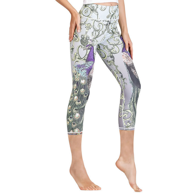 Buddha Stones Lotus Cherry Blossom Gradient Peacock Print Lycra Fabric Sports Cropped Leggings Women's Yoga Capri Pants